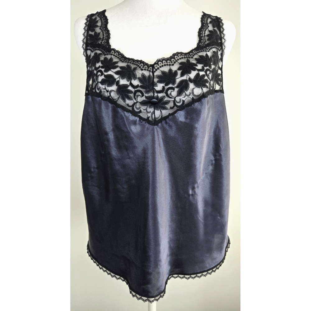 Vintage French Maid Blue Black Lace Trim Lingerie Cami Sleepwear Size XL Y2K
